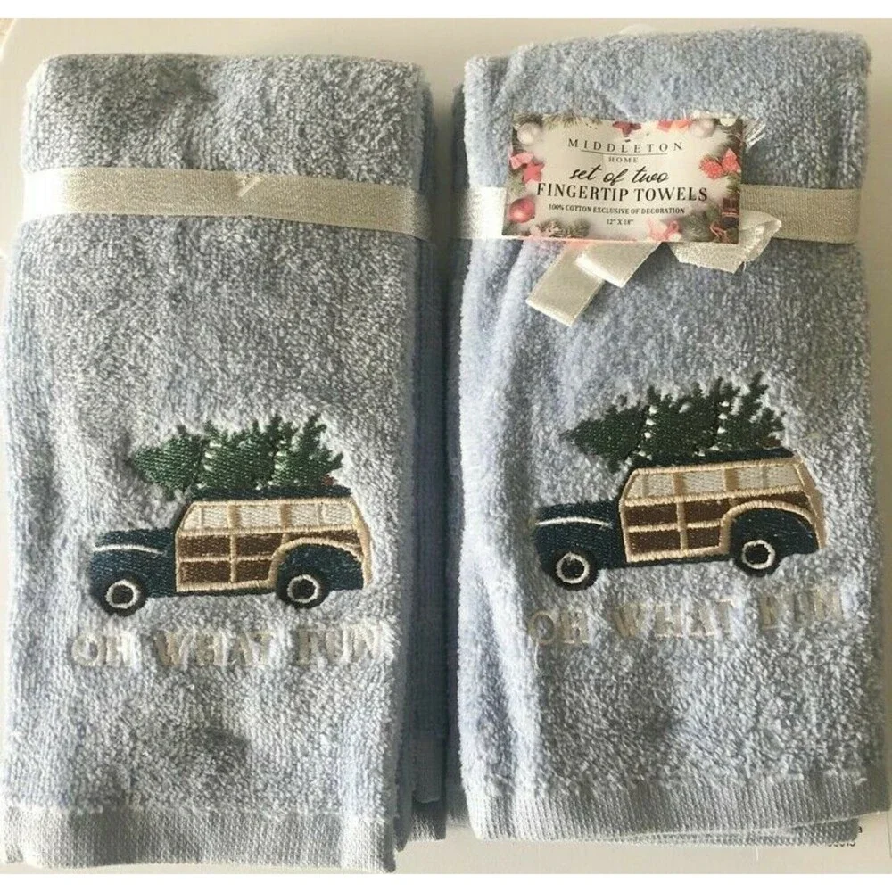 Christmas Fingertip Towels Woody Station Wagon Tree Embroidered Holiday Set of 2